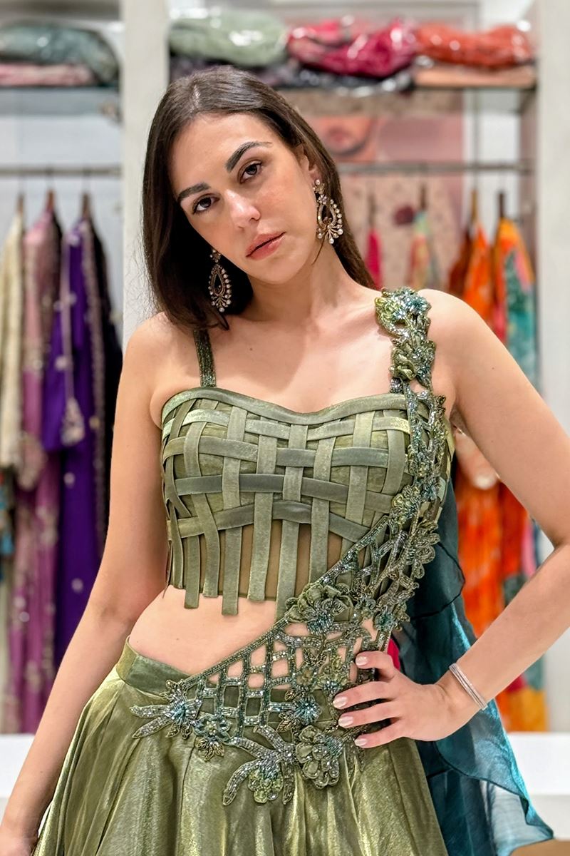 Artistic Chiffon Designer Indo-Western Lehenga Choli for Engagement, Reception, and Mehendi