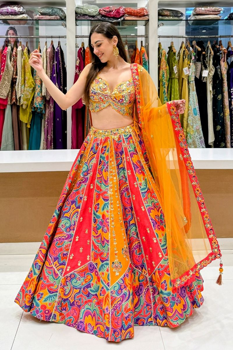 Heavenly Dola Silk Designer Indo-Western Lehenga Choli for Wedding, Reception, and Sangeet