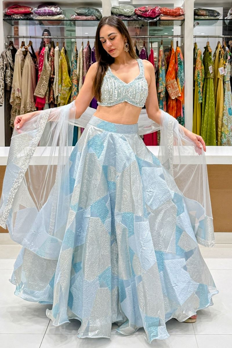 Impressive Shimmer Jacquard Designer Indo-Western Lehenga Choli for Engagement, Reception, and Sangeet
