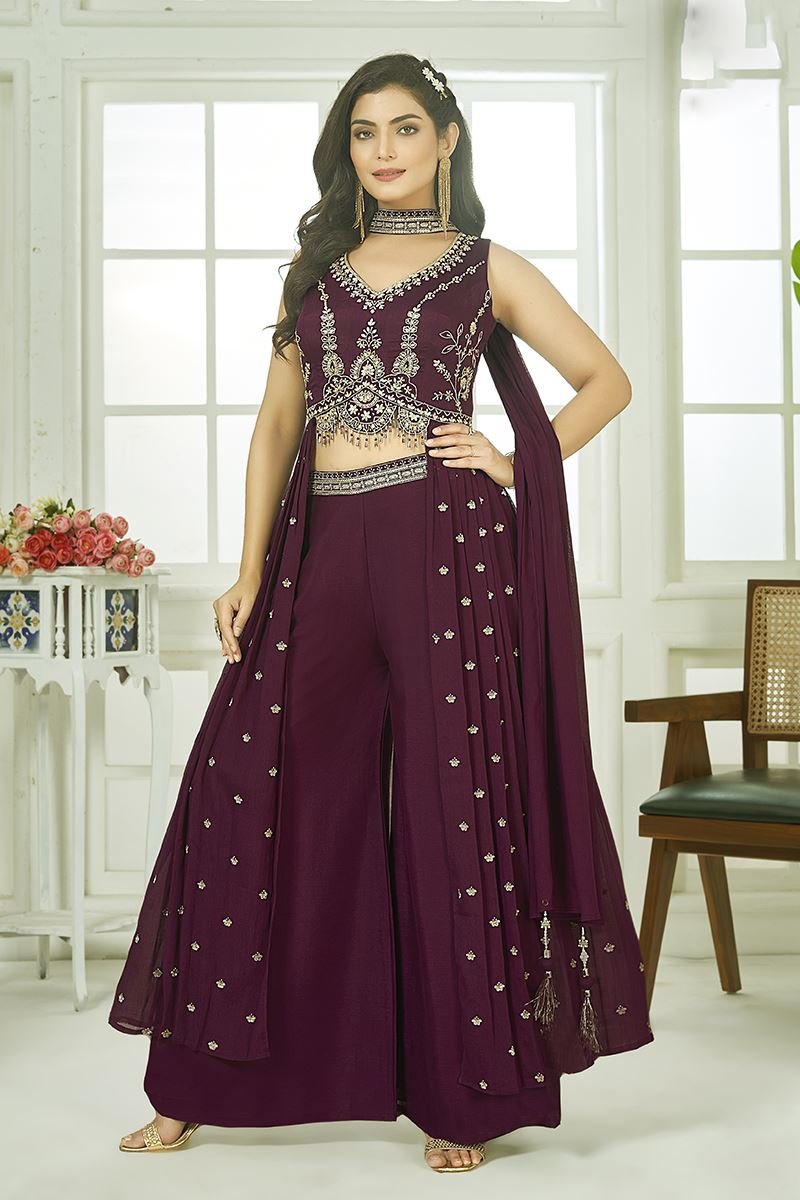Ethnic Maroon Designer Palazzo Suit for Wedding and Reception