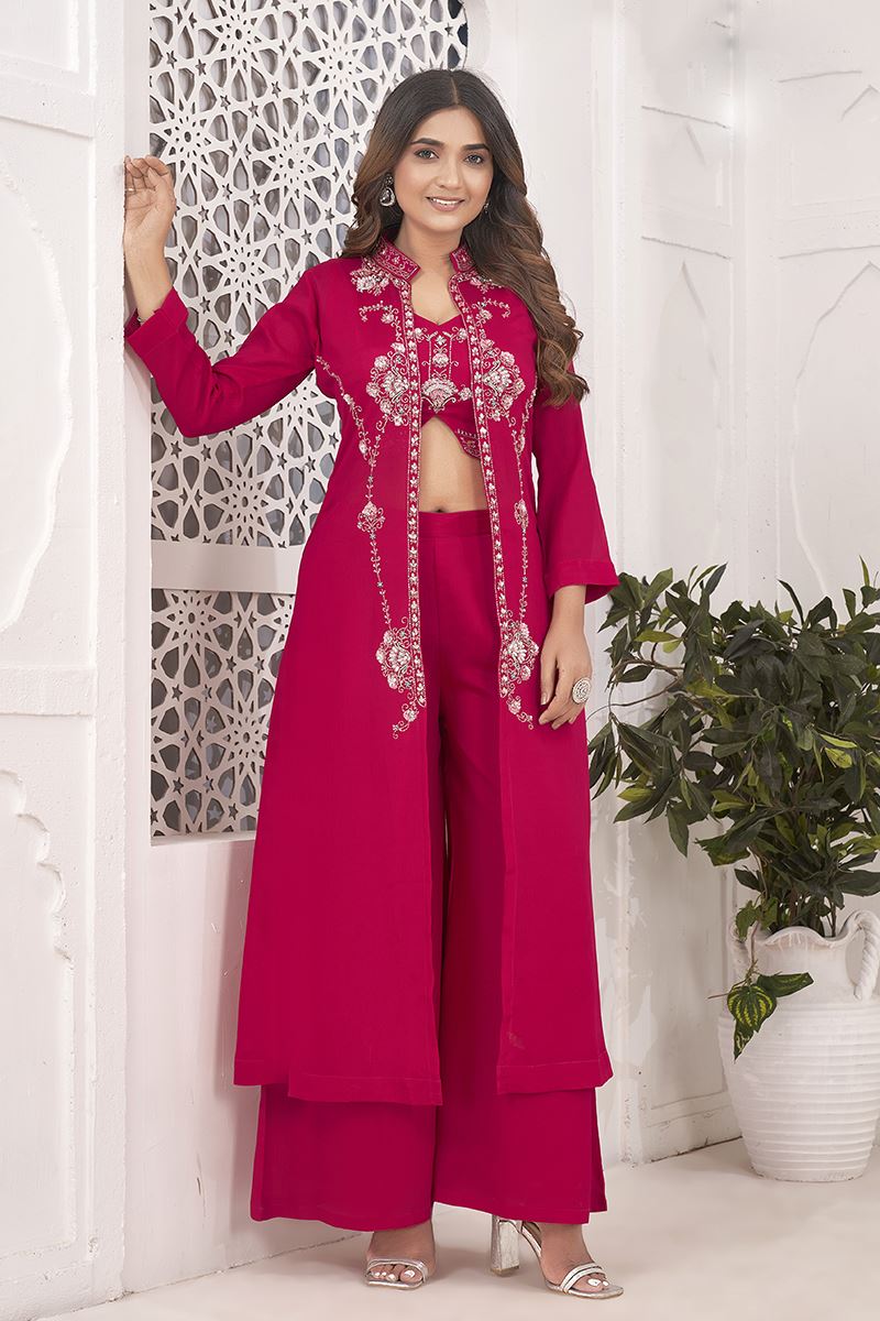 Spectacular Rani Pink Designer Palazzo Suit for Reception, Sangeet, and Parties