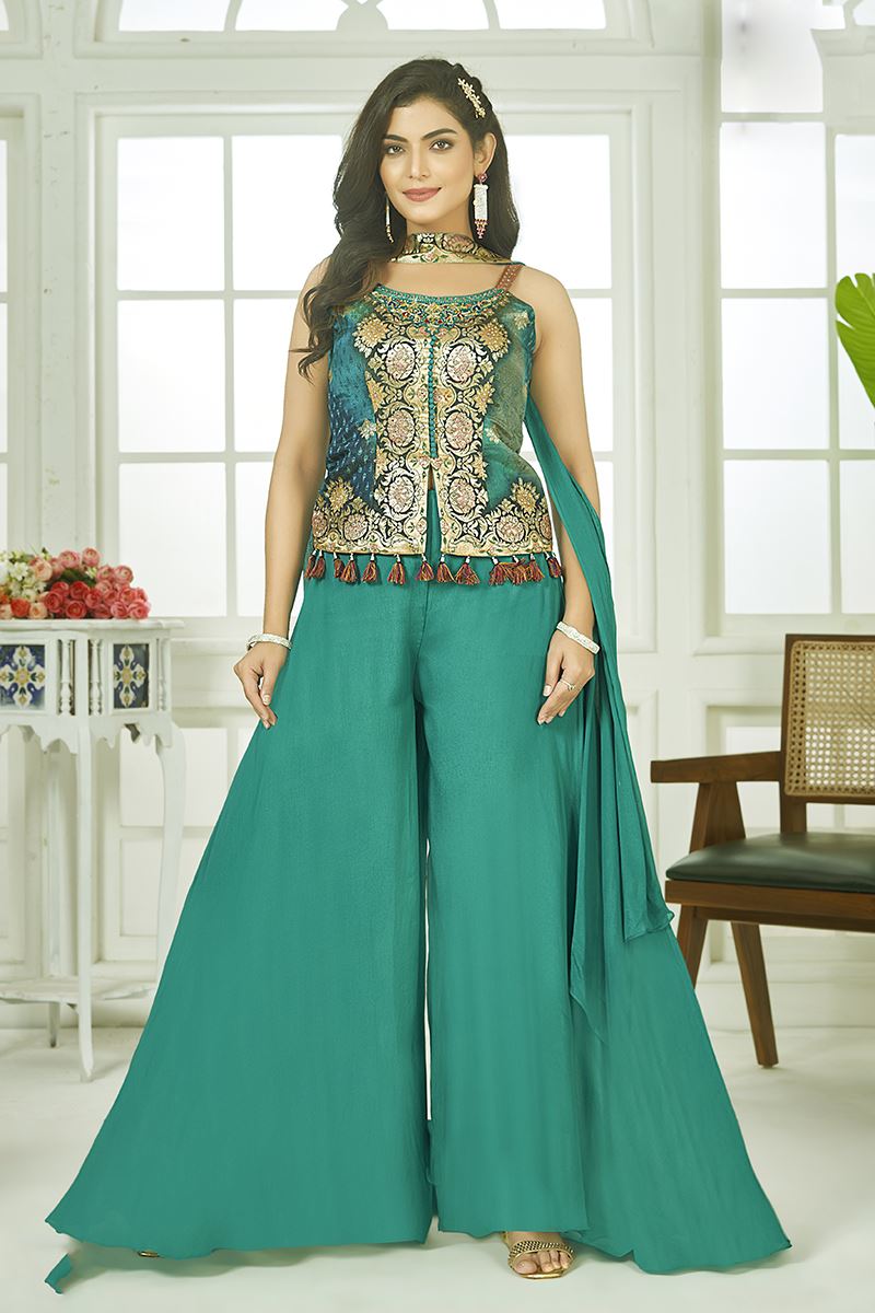 Dazzling Sea Green Designer Palazzo Suit for Mehendi, Engagement, and Reception