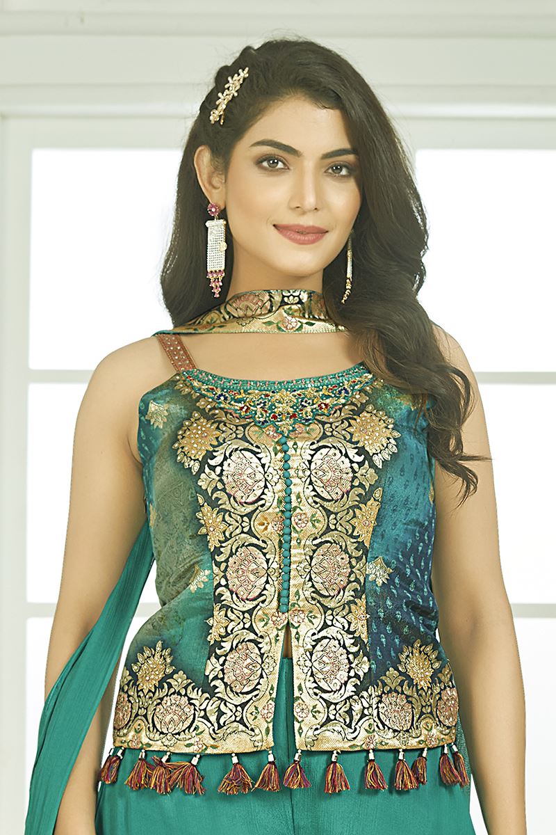 Dazzling Sea Green Designer Palazzo Suit for Mehendi, Engagement, and Reception
