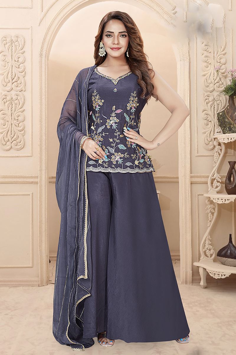 Flamboyant Dark Blue Designer Palazzo Suit for Engagement and Reception
