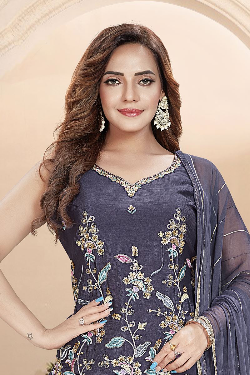 Flamboyant Dark Blue Designer Palazzo Suit for Engagement and Reception