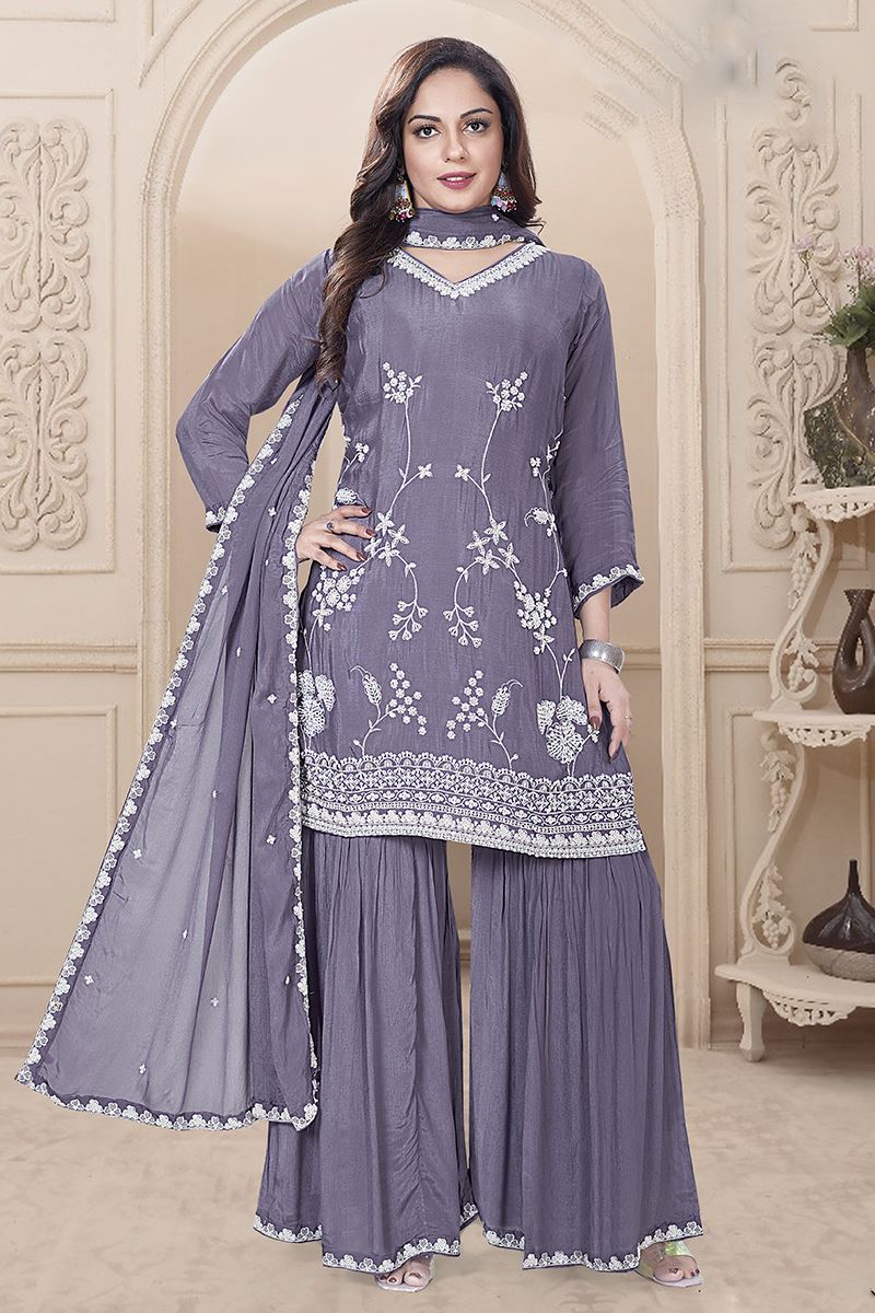 Enticing Grey Designer Gharara Suit for Engagement and Reception