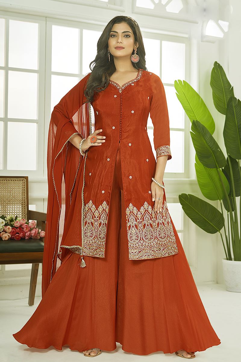 Marvelous Rust Orange Designer Palazzo Suit for Wedding and Reception