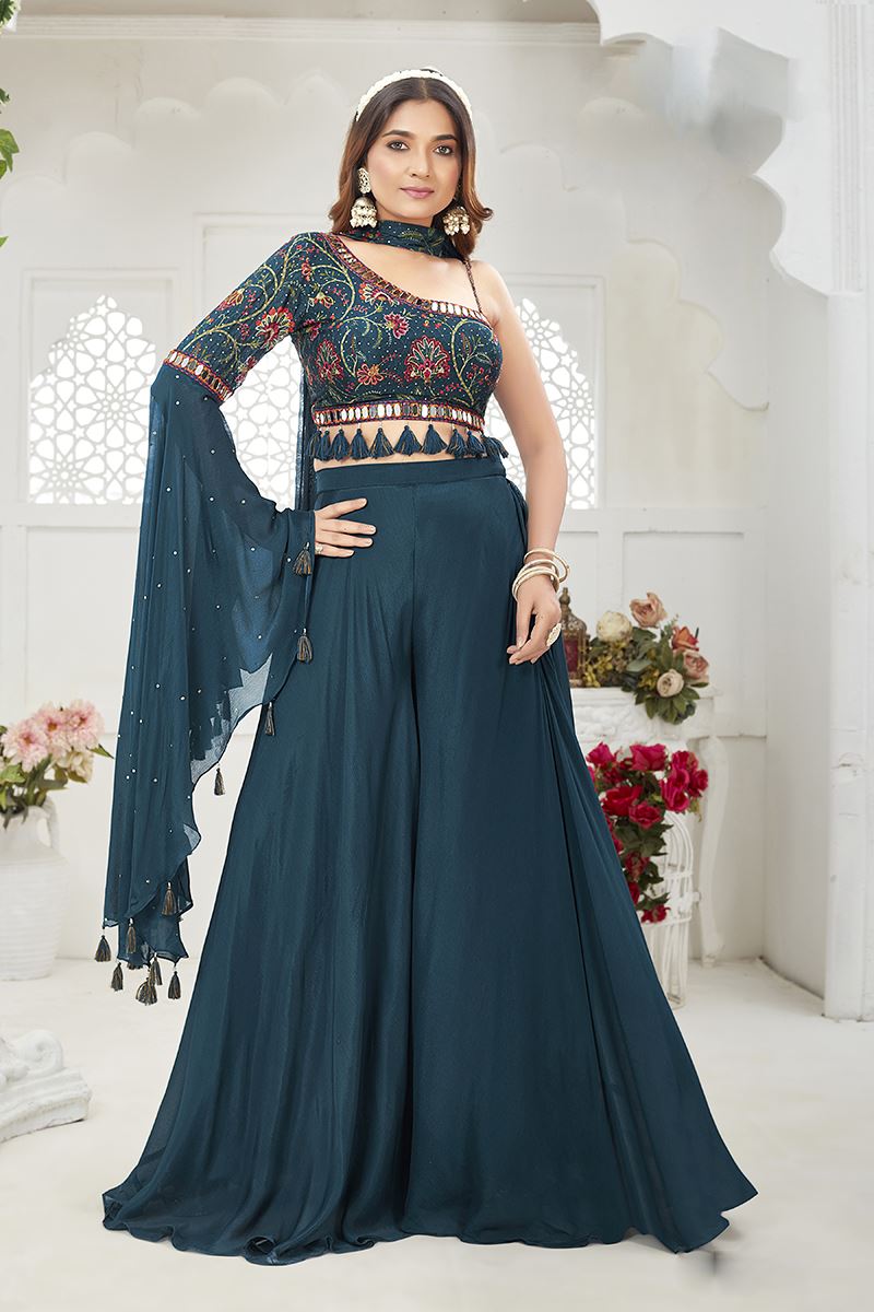 Magnificent Teal Blue Designer Palazzo Suit for Engagement and Reception