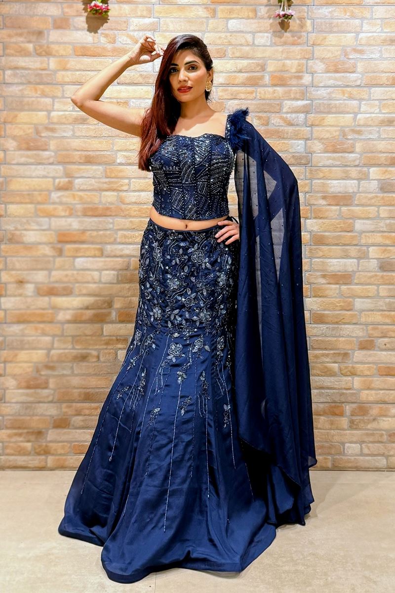 Exuberant Navy Blue Designer Indo-Western Lehenga Choli for Engagement and Reception