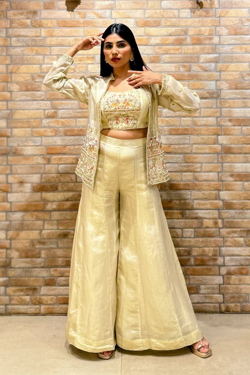 Mesmerizing Silk Designer Palazzo Suit for Engagement, Sangeet, and Parties