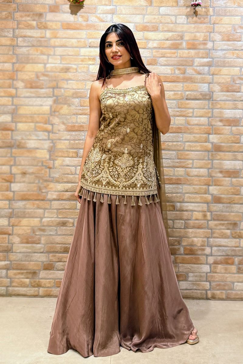 Creative Dusty Brown Designer Palazzo Suit for Reception, Sangeet, and Parties