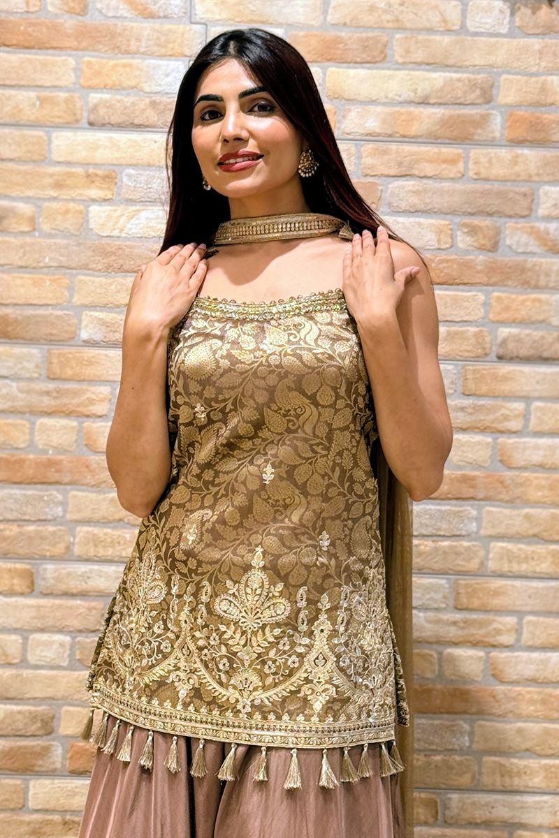 Creative Dusty Brown Designer Palazzo Suit for Reception, Sangeet, and Parties