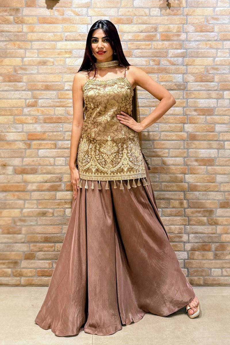 Creative Dusty Brown Designer Palazzo Suit for Reception, Sangeet, and Parties